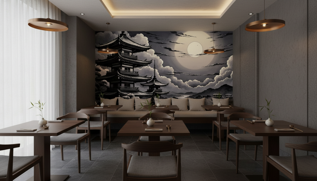 Paysage Japonais Nocturne Pagode Temple Architecture Traditionnelle Lune Nuages - Restaurant