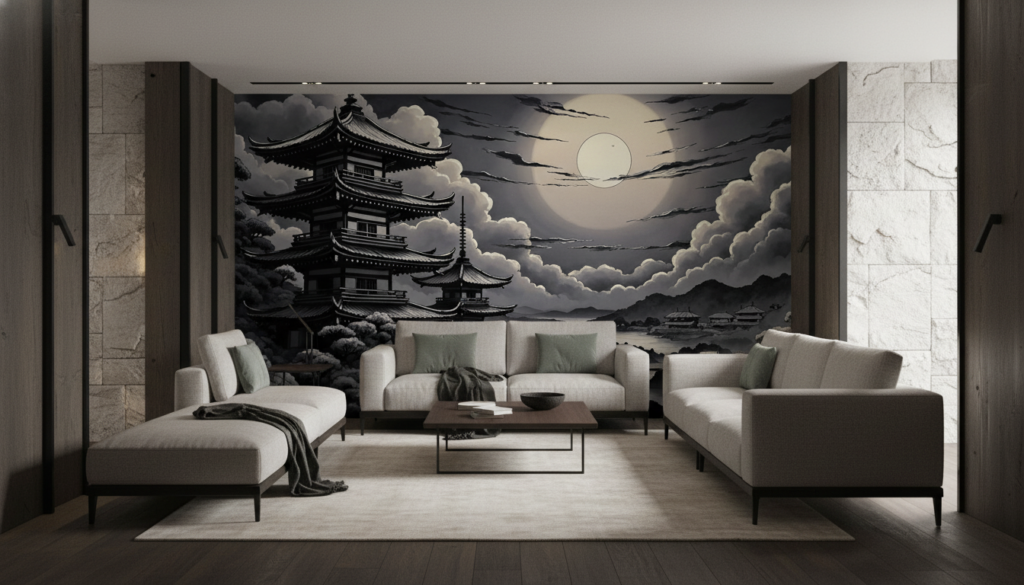 Paysage Japonais Nocturne Pagode Temple Architecture Traditionnelle Lune Nuages - Salon / Séjour