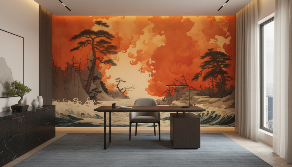 Paysage Japonais Tempête Océanique Coucher Soleil Orange Dramatique - Bureau