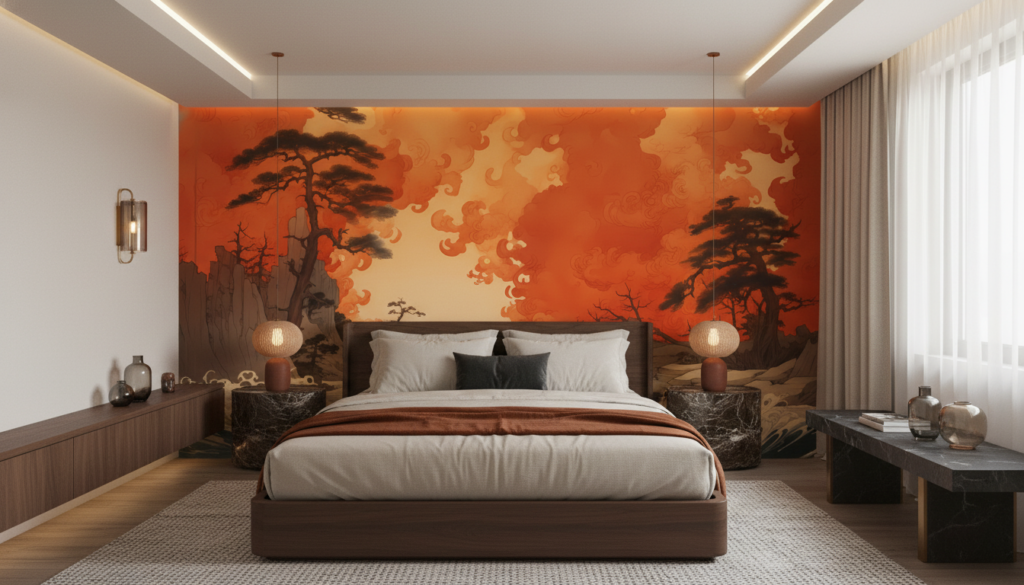 Paysage Japonais Tempête Océanique Coucher Soleil Orange Dramatique - Chambre adulte