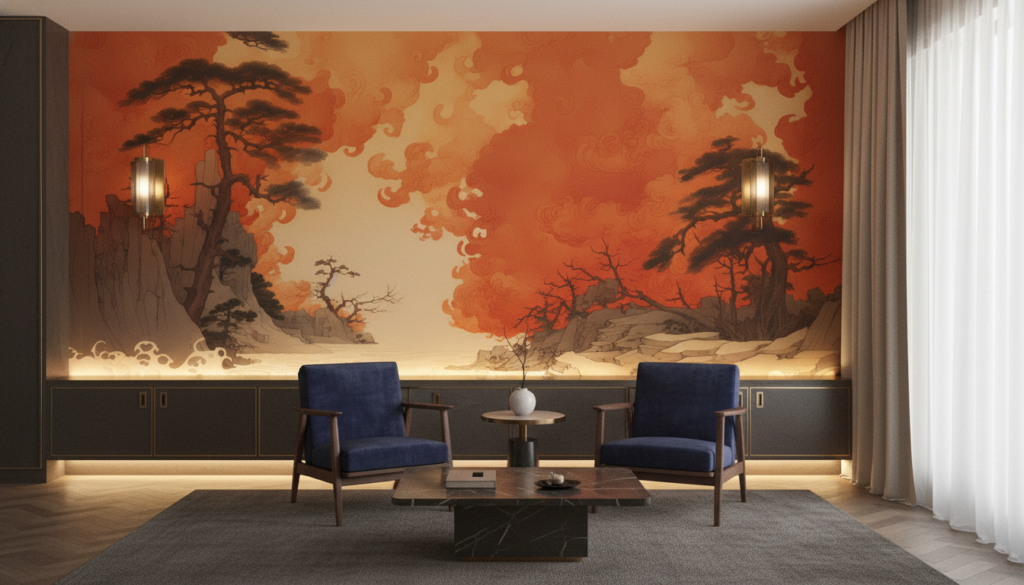 Paysage Japonais Tempête Océanique Coucher Soleil Orange Dramatique - Hôtel