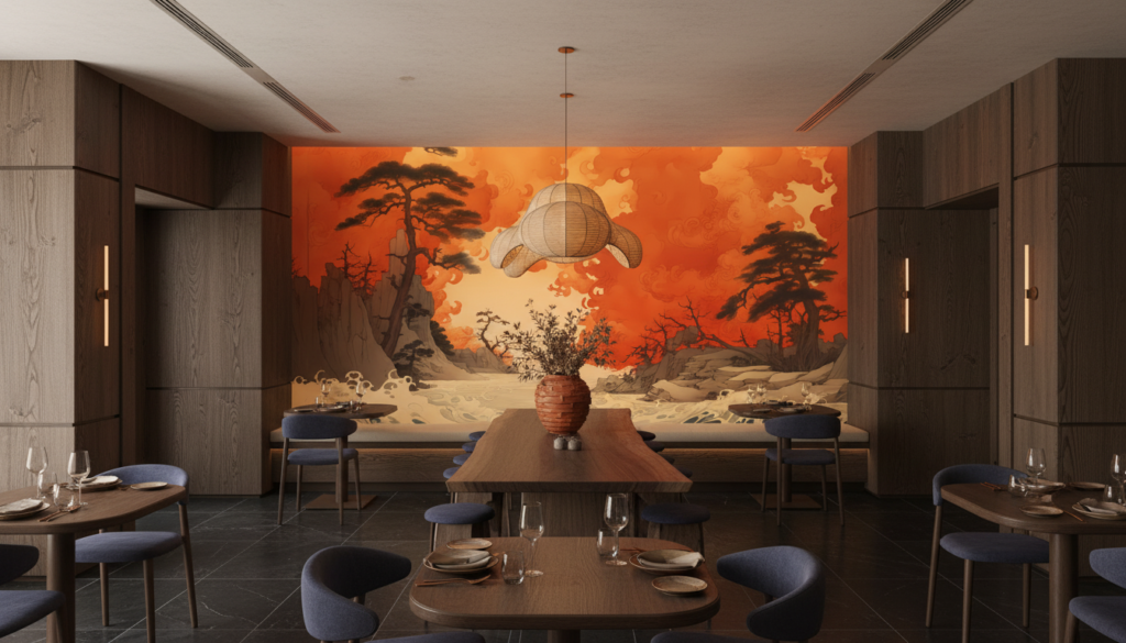 Paysage Japonais Tempête Océanique Coucher Soleil Orange Dramatique - Restaurant