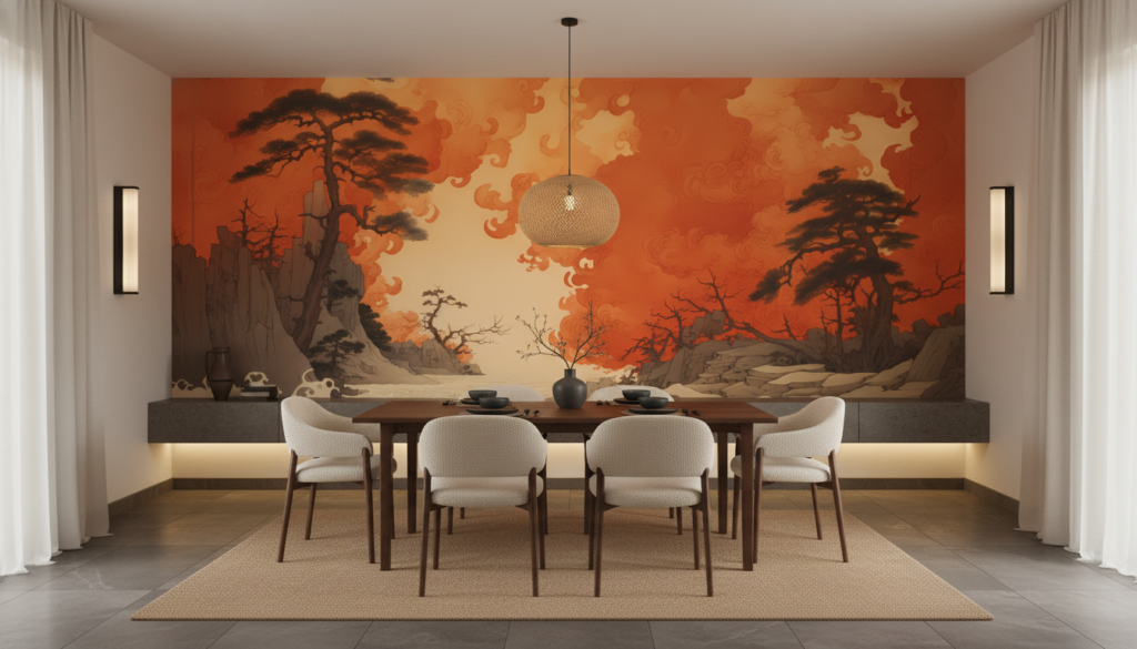 Paysage Japonais Tempête Océanique Coucher Soleil Orange Dramatique - Salle à manger