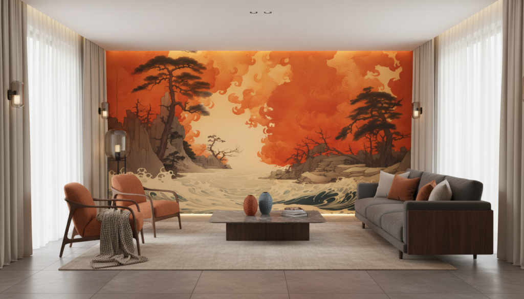 Paysage Japonais Tempête Océanique Coucher Soleil Orange Dramatique - Salon / Séjour