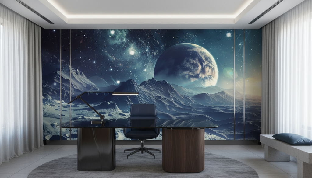 Paysage Lunaire avec Planète et Montagnes Cosmiques Étoilées - Bureau