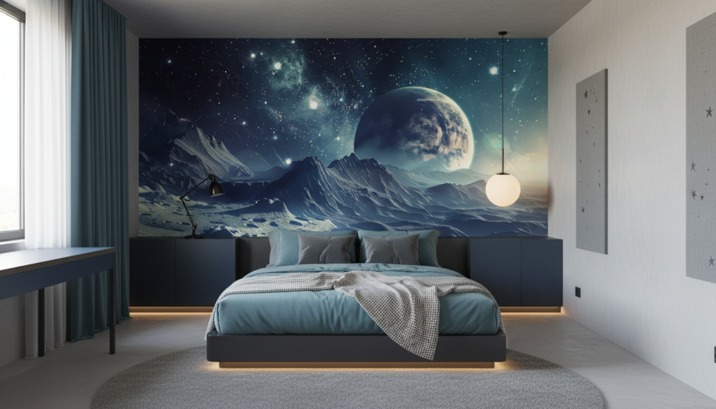 Paysage Lunaire avec Planète et Montagnes Cosmiques Étoilées - Chambre ado
