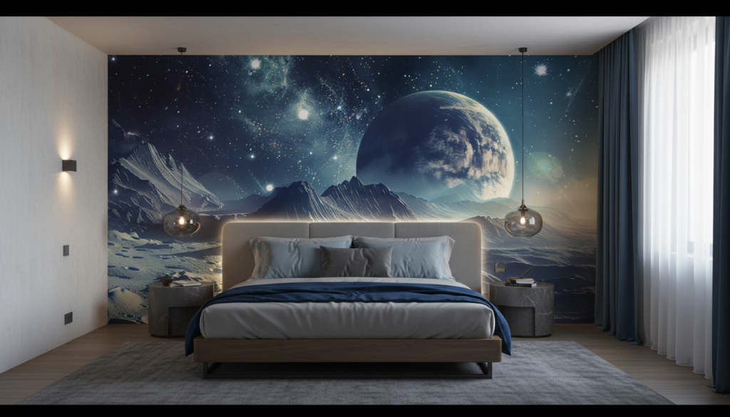 Paysage Lunaire avec Planète et Montagnes Cosmiques Étoilées - Chambre adulte