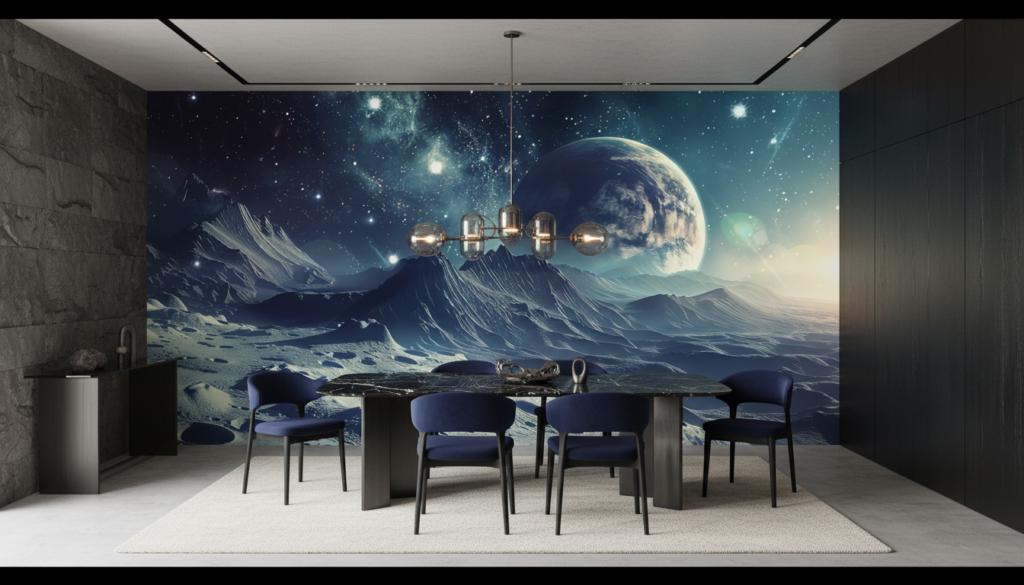 Paysage Lunaire avec Planète et Montagnes Cosmiques Étoilées - Salle à manger
