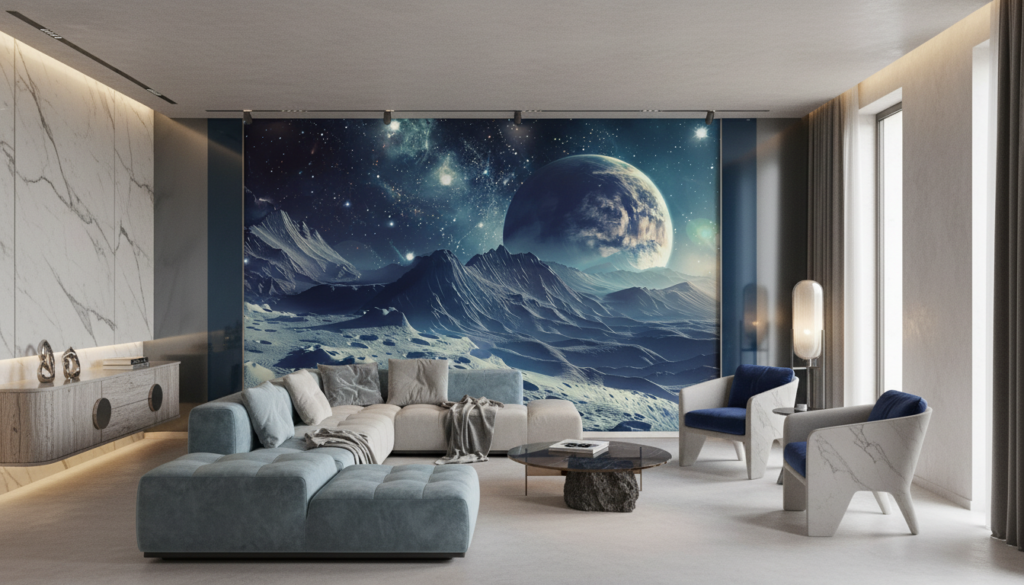 Paysage Lunaire avec Planète et Montagnes Cosmiques Étoilées - Salon / Séjour