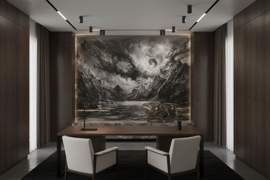 Paysage Lunaire Dramatique Montagnes Tempête Noir et Blanc - Bureau