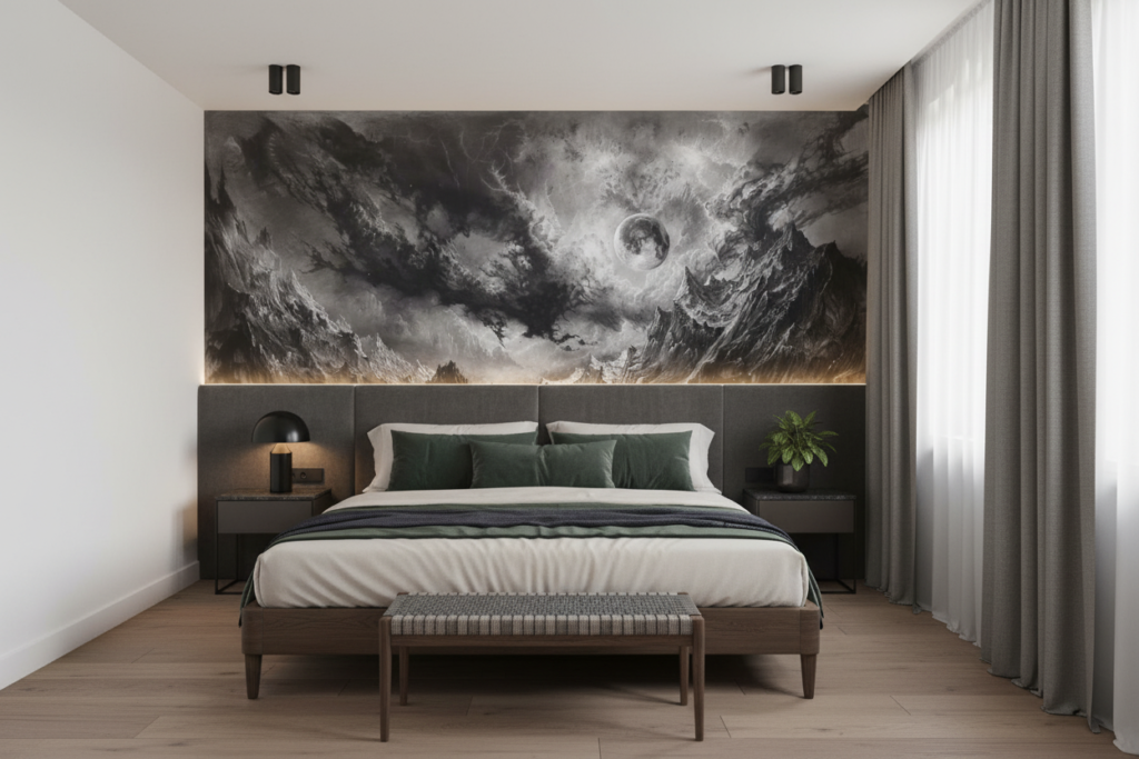 Paysage Lunaire Dramatique Montagnes Tempête Noir et Blanc - Chambre adulte