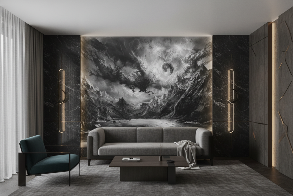 Paysage Lunaire Dramatique Montagnes Tempête Noir et Blanc - Hôtel