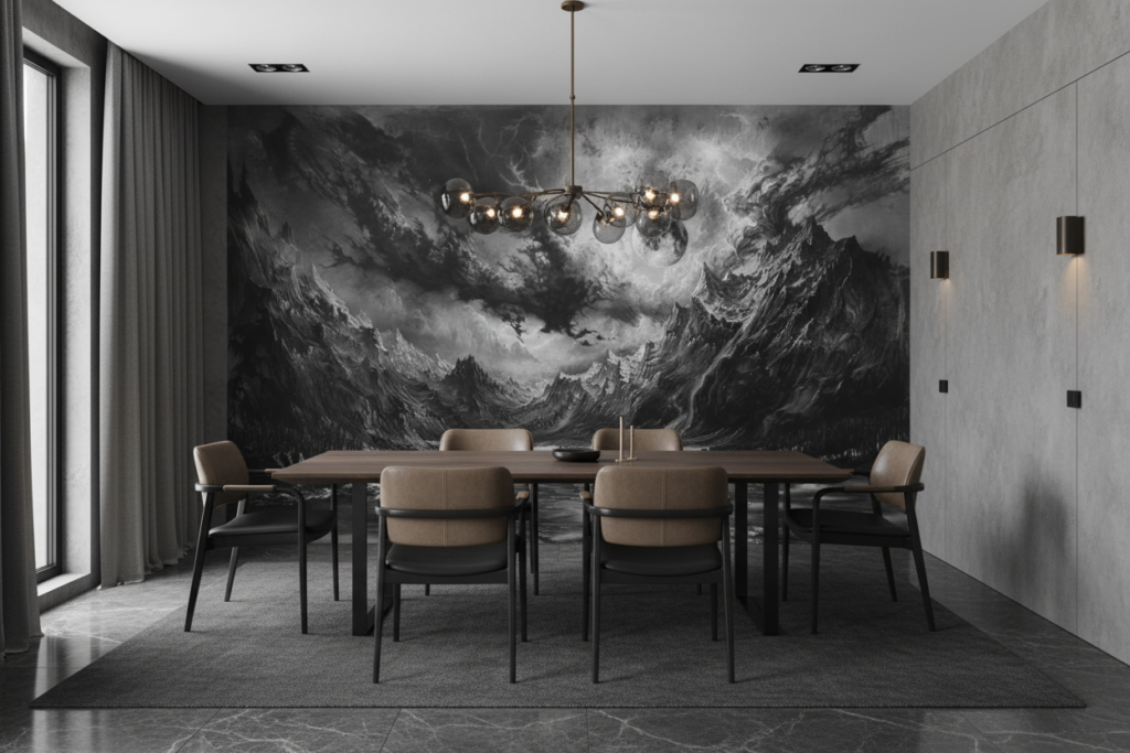 Paysage Lunaire Dramatique Montagnes Tempête Noir et Blanc - Salle à manger