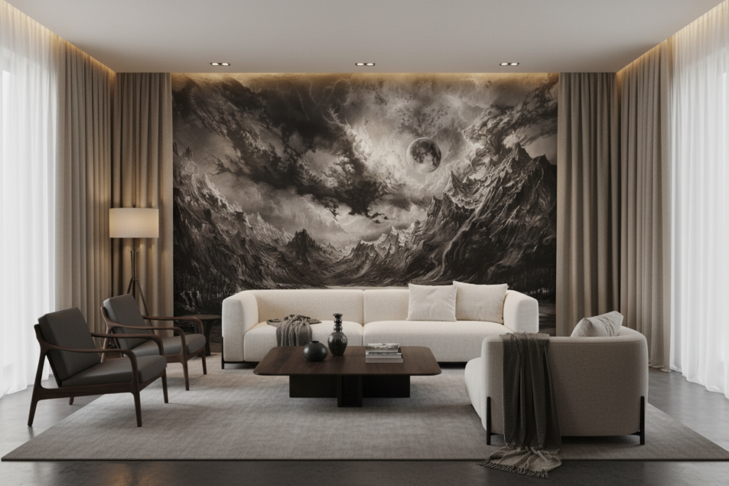 Paysage Lunaire Dramatique Montagnes Tempête Noir et Blanc - Salon / Séjour