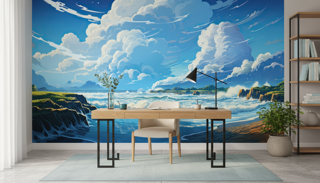 Paysage marin côtier avec vagues déferlantes et ciel dramatique - Bureau