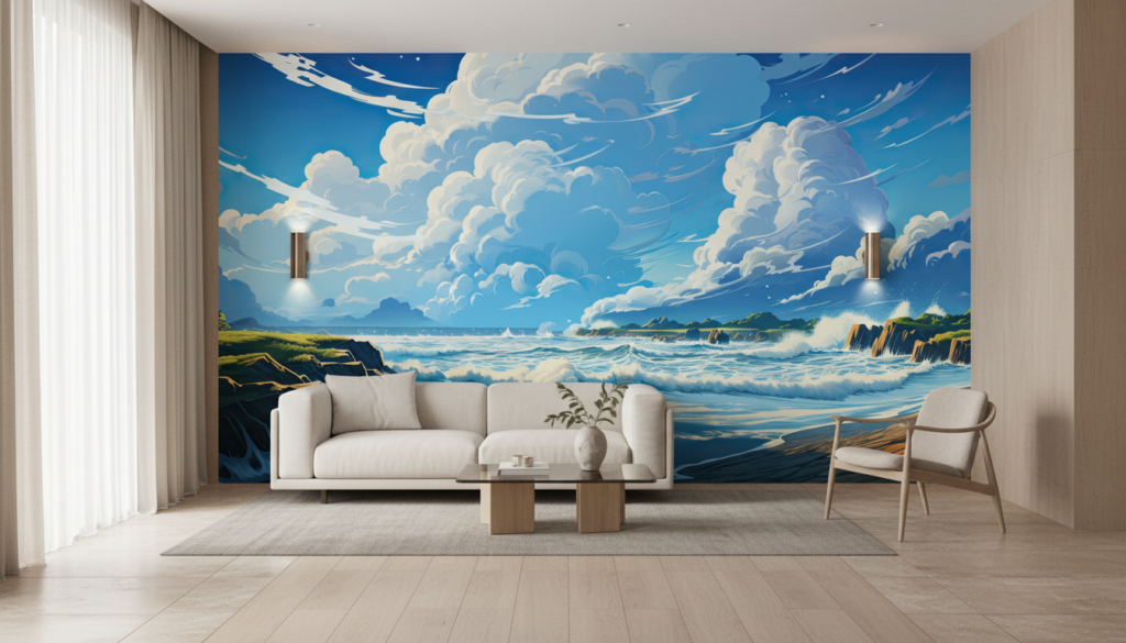 Paysage marin côtier avec vagues déferlantes et ciel dramatique - Hôtel