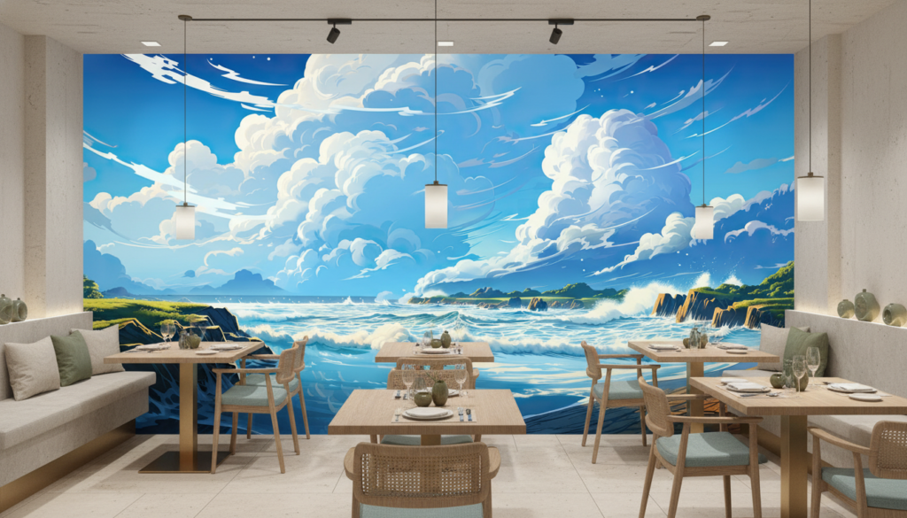 Paysage marin côtier avec vagues déferlantes et ciel dramatique - Restaurant