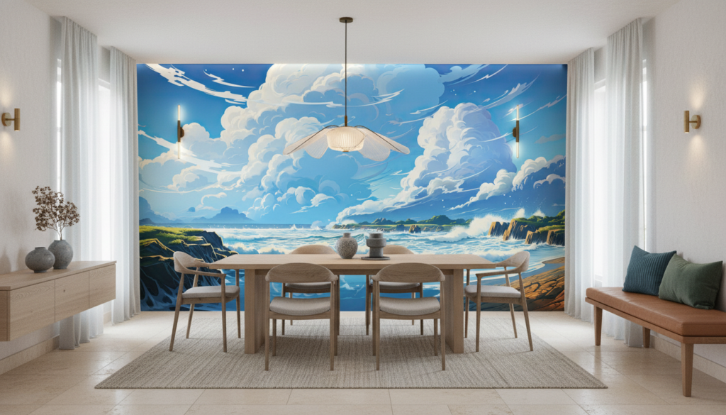 Paysage marin côtier avec vagues déferlantes et ciel dramatique - Salle à manger