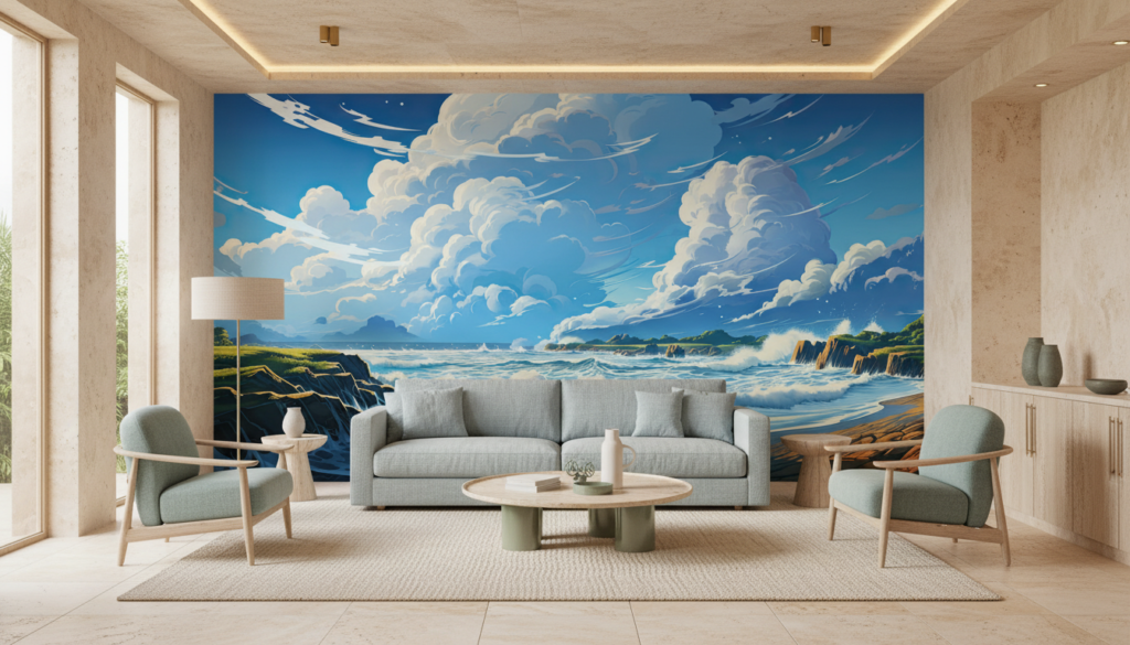 Paysage marin côtier avec vagues déferlantes et ciel dramatique - Salon / Séjour