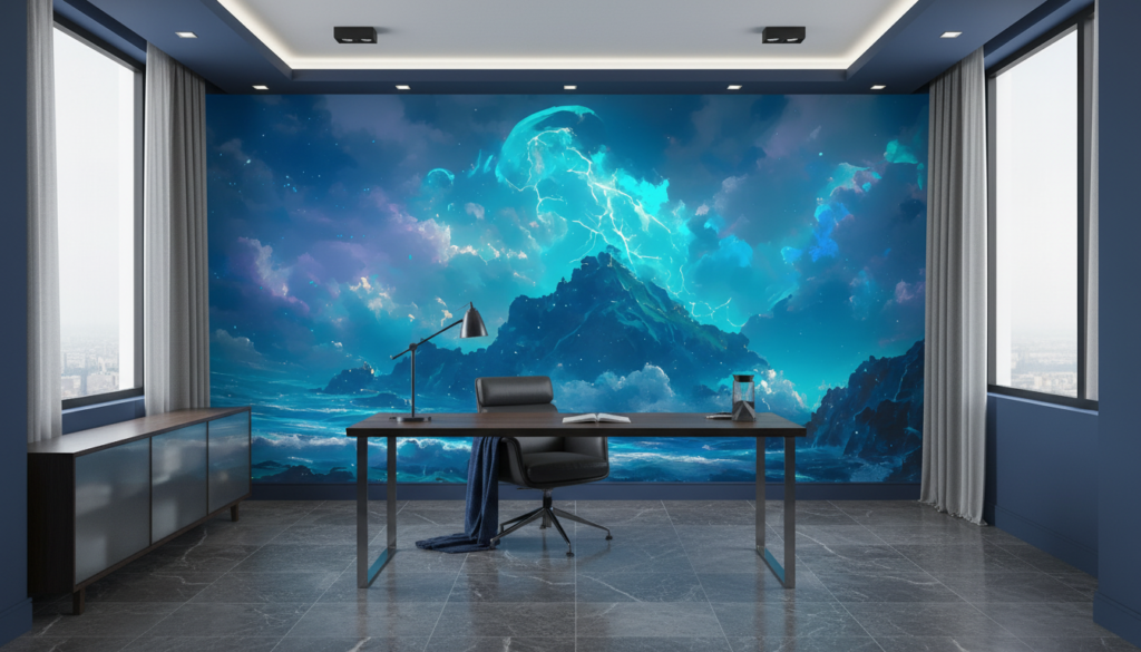 Paysage maritime fantastique avec éclairs turquoise et montagnes mystérieuses - Bureau