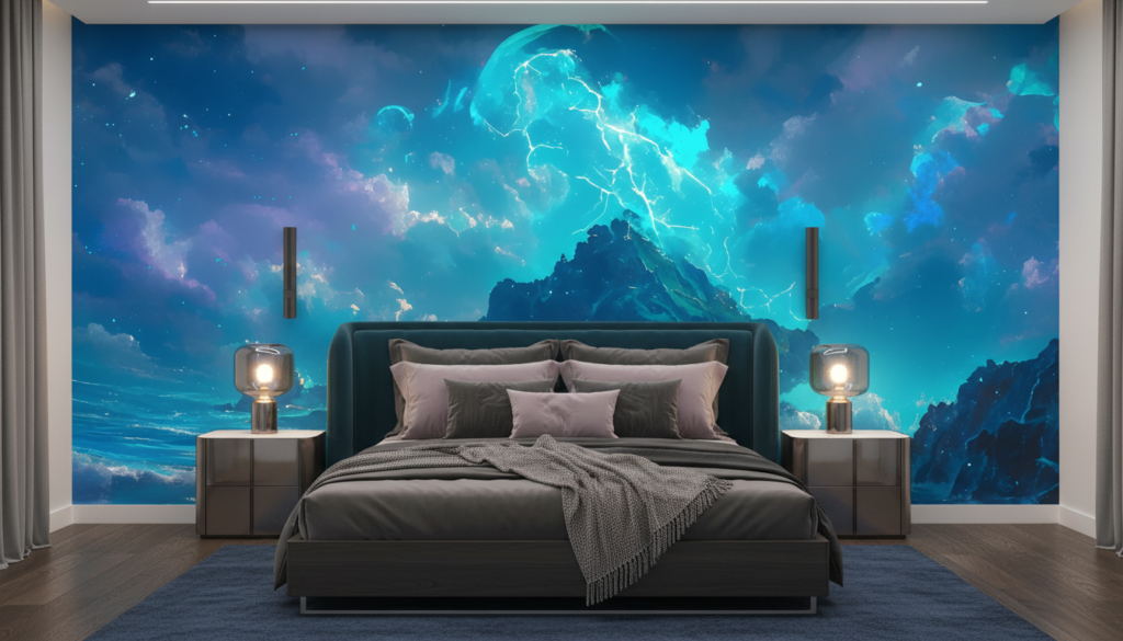 Paysage maritime fantastique avec éclairs turquoise et montagnes mystérieuses - Chambre adulte