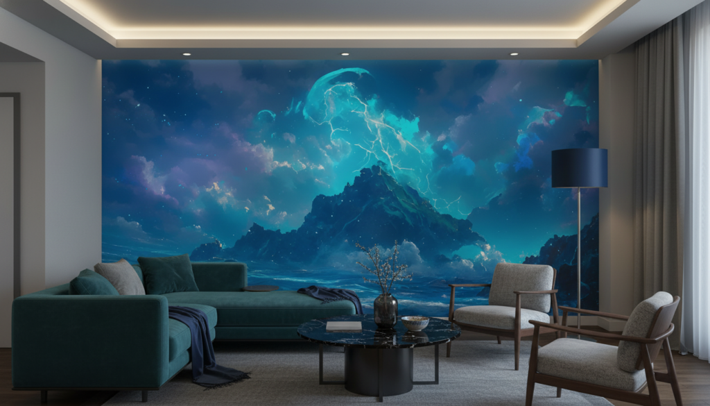 Paysage maritime fantastique avec éclairs turquoise et montagnes mystérieuses - Hôtel