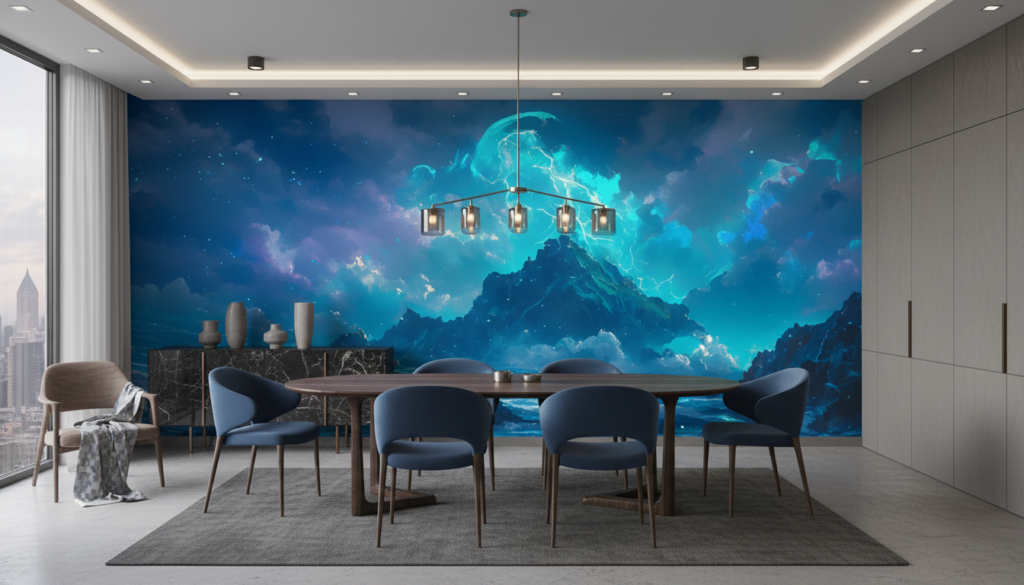 Paysage maritime fantastique avec éclairs turquoise et montagnes mystérieuses - Salle à manger