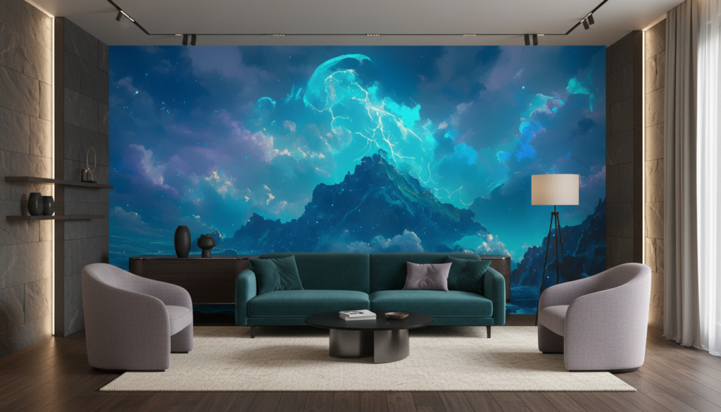 Paysage maritime fantastique avec éclairs turquoise et montagnes mystérieuses - Salon / Séjour