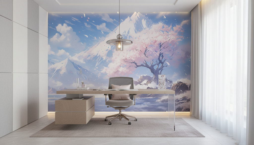 Paysage Montagnard Sakura Cerisier en Fleurs Style Anime Japonais - Bureau
