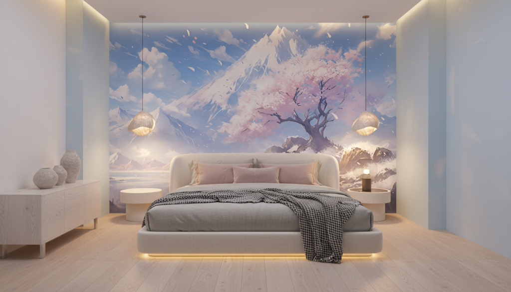 Paysage Montagnard Sakura Cerisier en Fleurs Style Anime Japonais - Chambre adulte