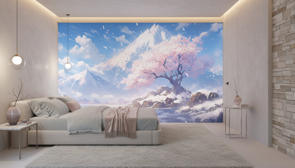 Paysage Montagnard Sakura Cerisier en Fleurs Style Anime Japonais - Chambre adulte