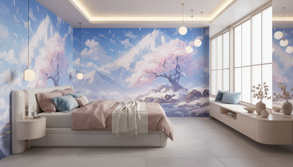 Paysage Montagnard Sakura Cerisier en Fleurs Style Anime Japonais - Chambre adulte