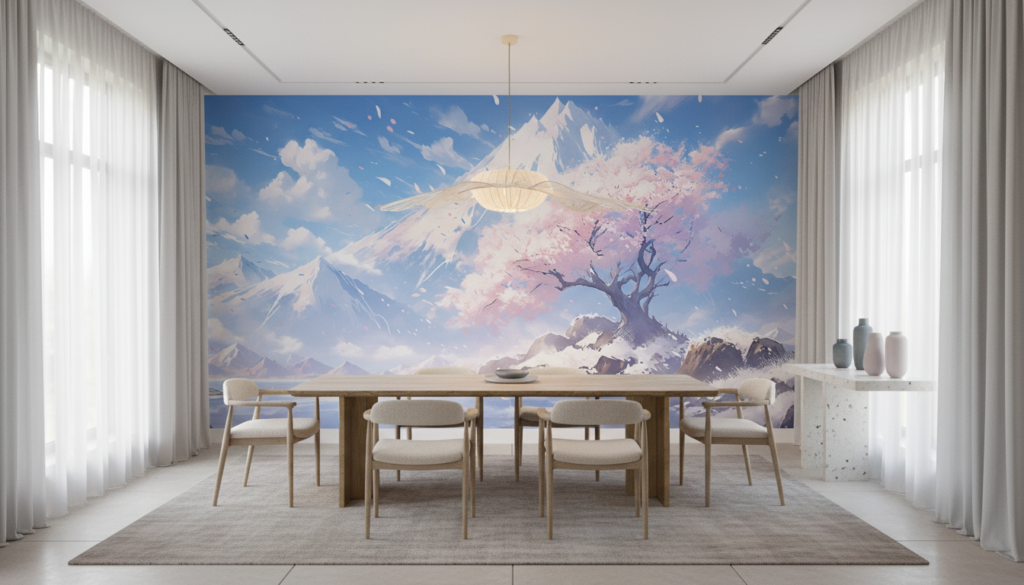 Paysage Montagnard Sakura Cerisier en Fleurs Style Anime Japonais - Salle à manger