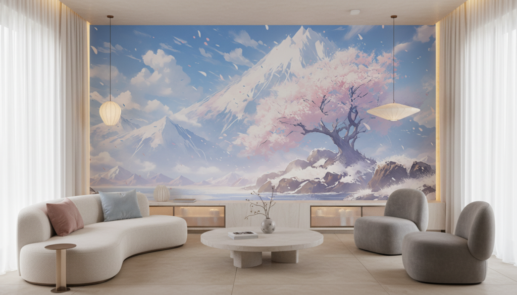 Paysage Montagnard Sakura Cerisier en Fleurs Style Anime Japonais - Salon / Séjour