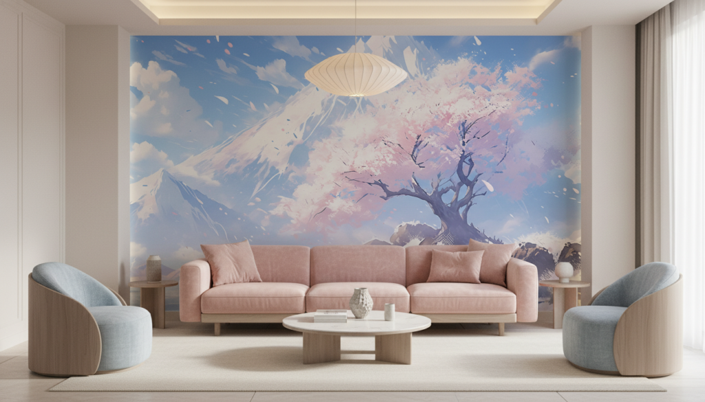 Paysage Montagnard Sakura Cerisier en Fleurs Style Anime Japonais - Salon / Séjour