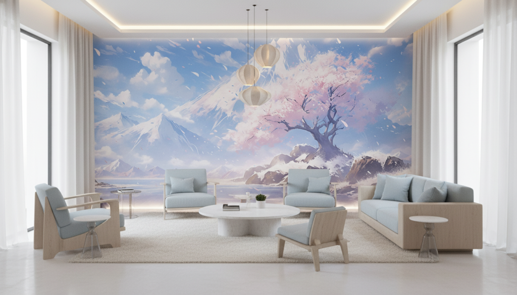 Paysage Montagnard Sakura Cerisier en Fleurs Style Anime Japonais - Salon / Séjour