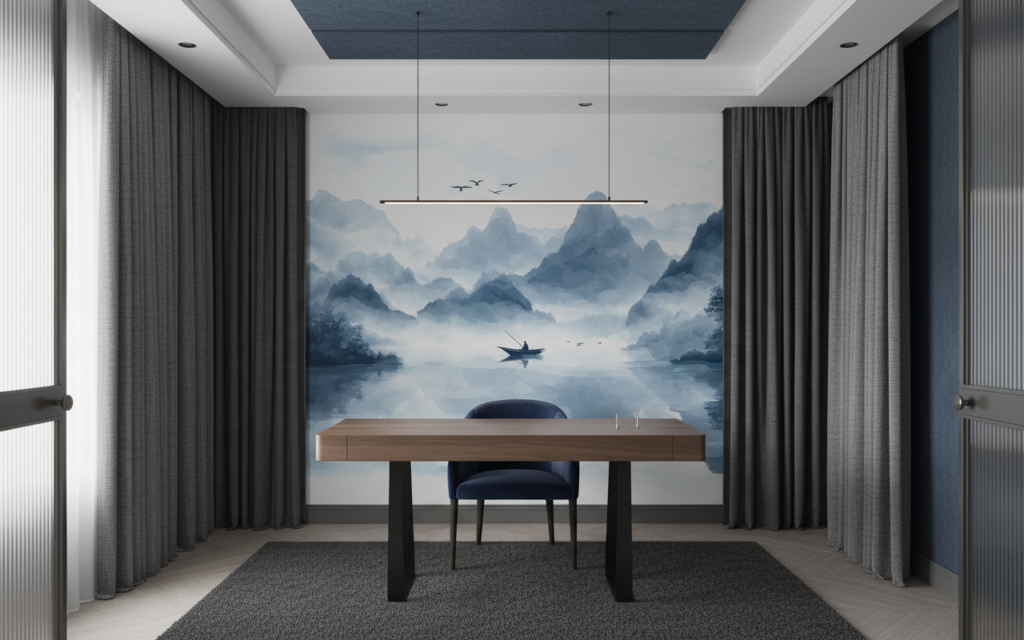 Paysage montagneux brumeux avec barque et oiseaux en vol - Bureau