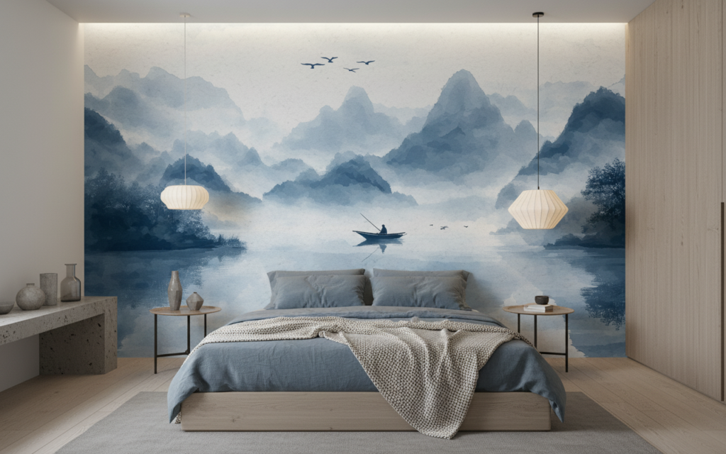 Paysage montagneux brumeux avec barque et oiseaux en vol - Chambre adulte