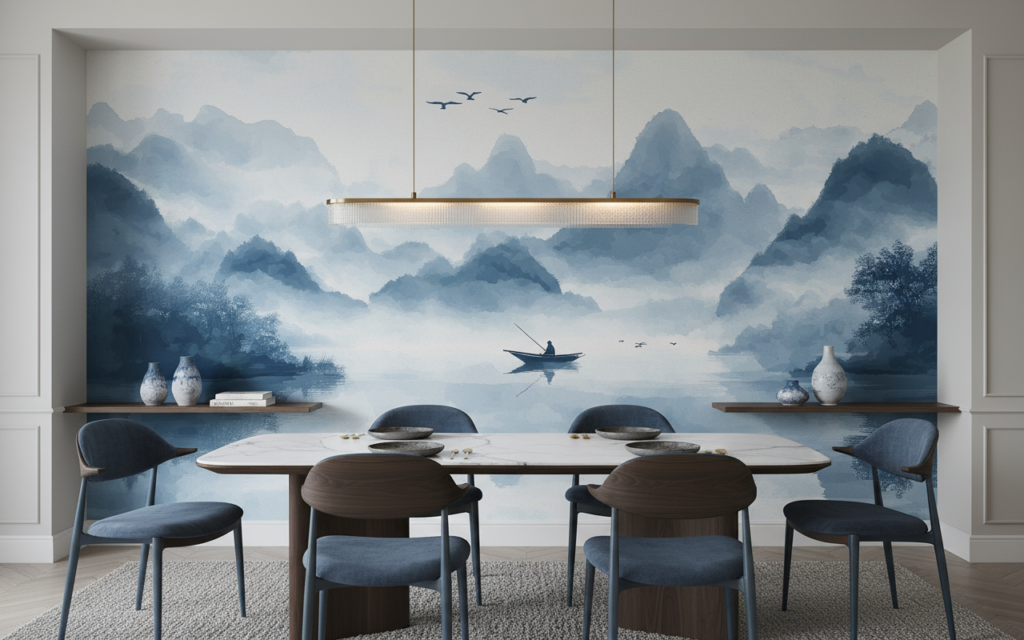 Paysage montagneux brumeux avec barque et oiseaux en vol - Salle à manger