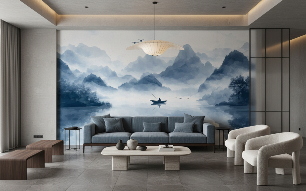 Paysage montagneux brumeux avec barque et oiseaux en vol - Salon / Séjour