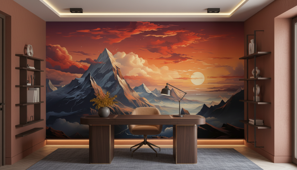 Paysage montagneux majestueux au coucher de soleil doré - Bureau