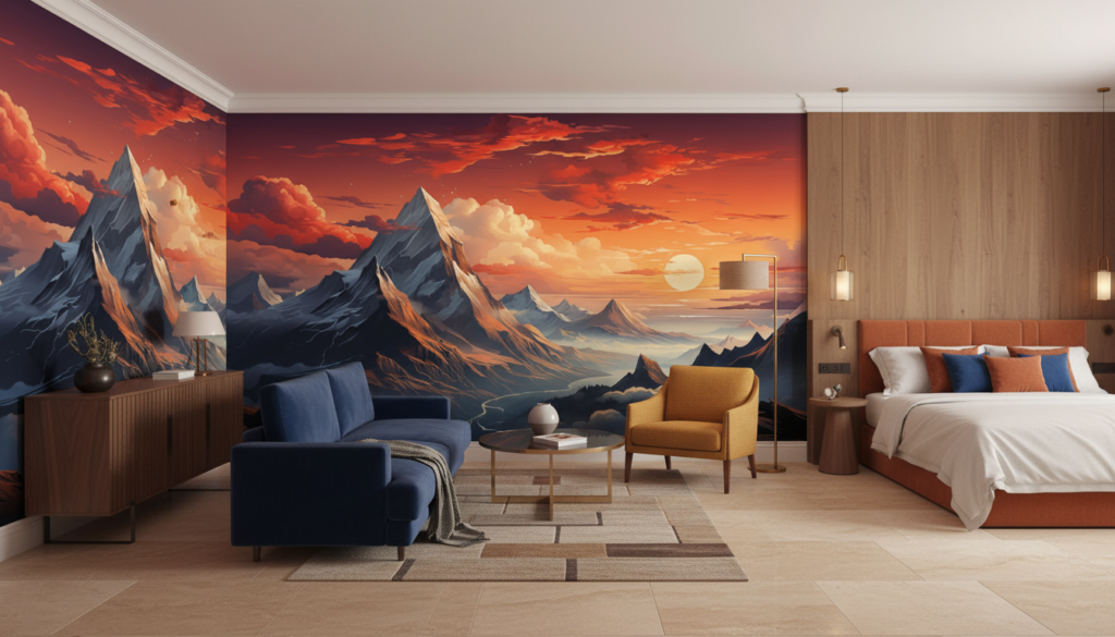 Paysage montagneux majestueux au coucher de soleil doré - Hôtel