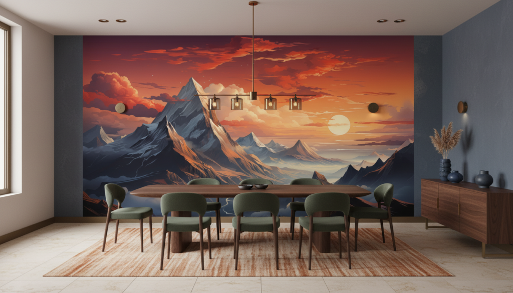 Paysage montagneux majestueux au coucher de soleil doré - Salle à manger