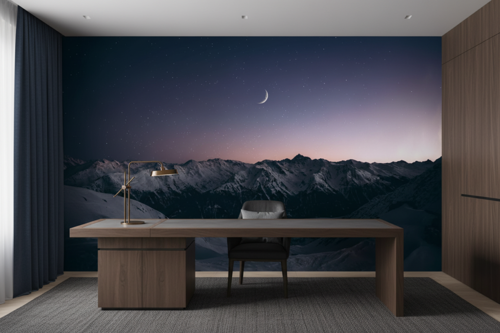 Paysage Montagneux Nocturne avec Lune et Ciel Étoilé Crépusculaire - Bureau