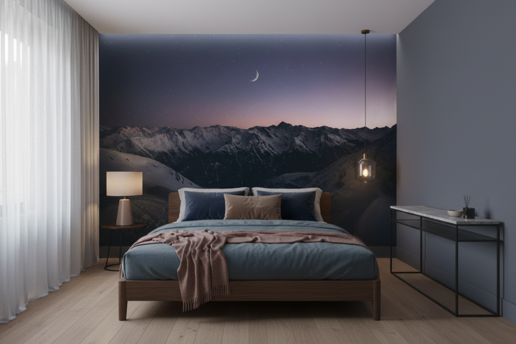 Paysage Montagneux Nocturne avec Lune et Ciel Étoilé Crépusculaire - Chambre adulte