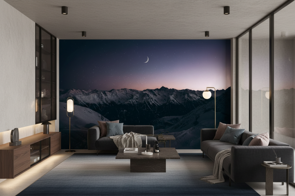 Paysage Montagneux Nocturne avec Lune et Ciel Étoilé Crépusculaire - Salon / Séjour