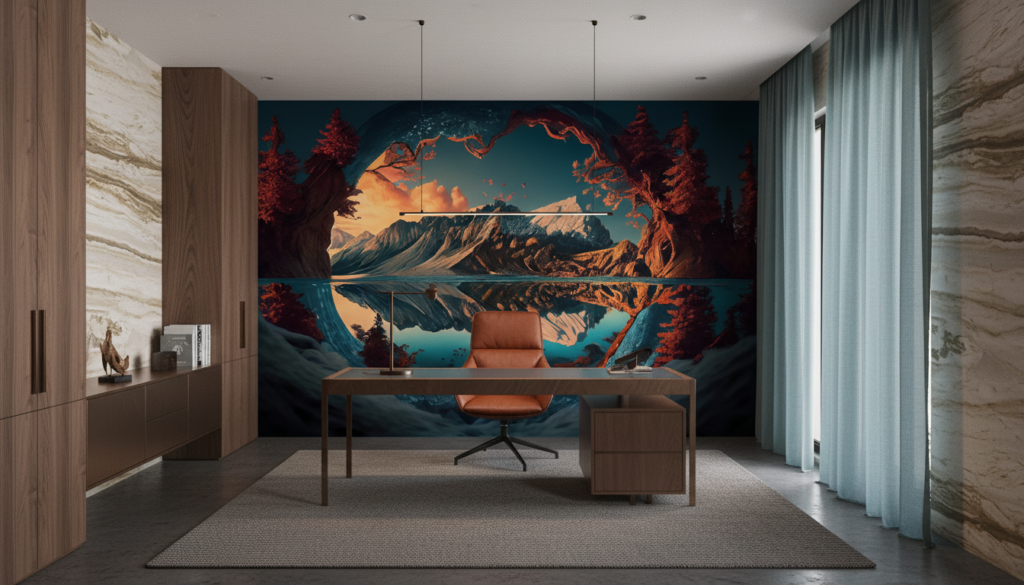 Paysage montagneux reflet lac coucher soleil nature majestueuse - Bureau