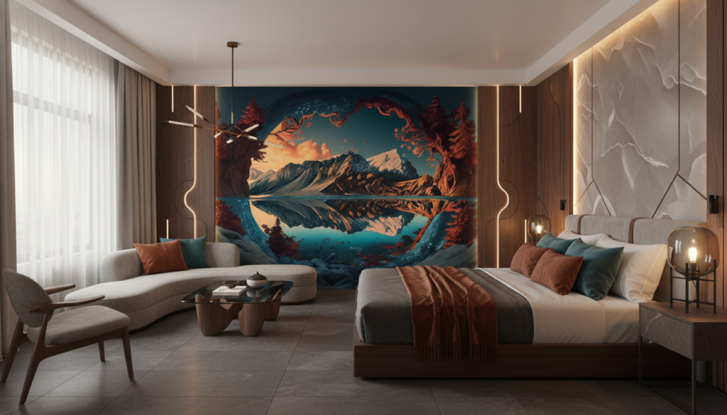 Paysage montagneux reflet lac coucher soleil nature majestueuse - Hôtel