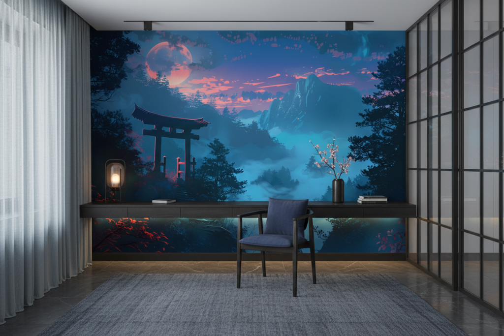 Paysage mystique japonais avec torii sous lune rose et brume - Bureau