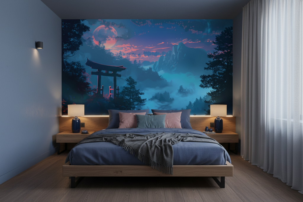 Paysage mystique japonais avec torii sous lune rose et brume - Chambre adulte
